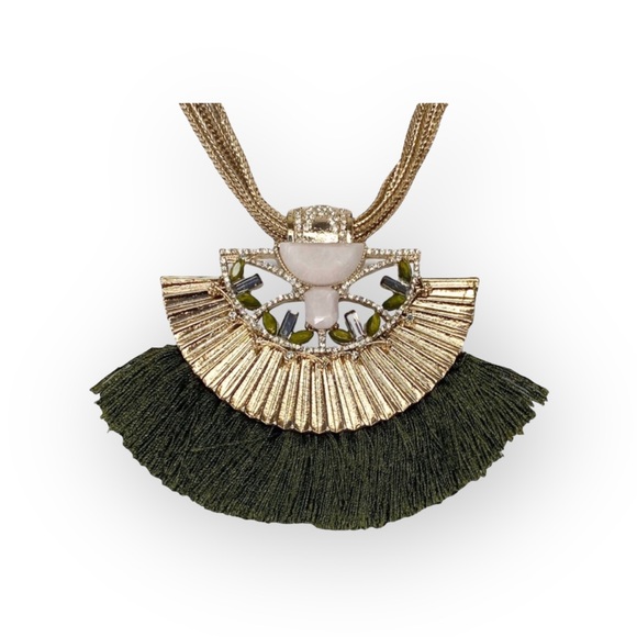 new Jenny Packham ❀ Chic Fringed Crystal Gemstones Necklace ❀ Gold + Olive Green - Picture 14 of 17